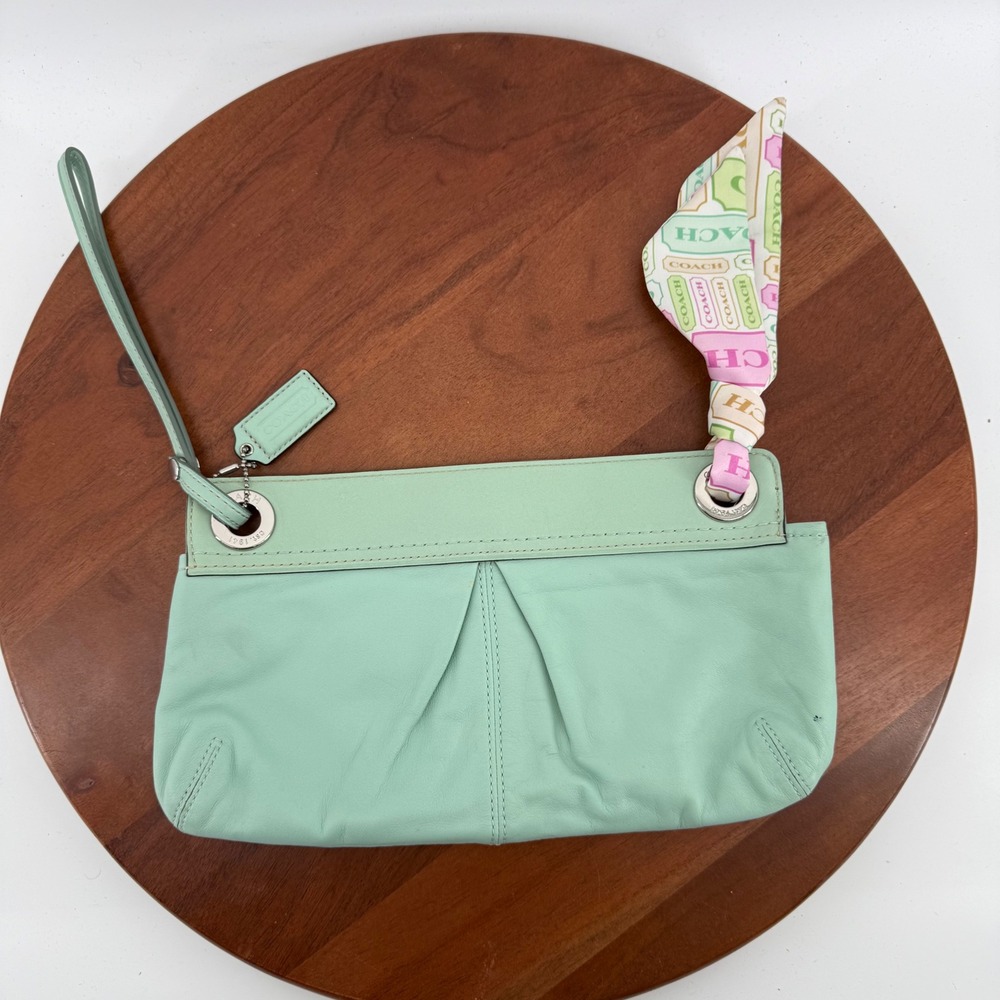 Coach Wristlet Clutch Seafoam Green Leather Pleated Signature Scarf + Hangtag